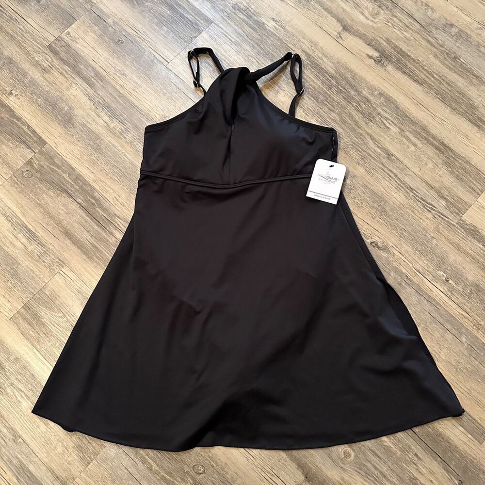 Dolfin Swimwear Size 18 Aquashape Solid Black Front Keyhole A-Line Swim Dress